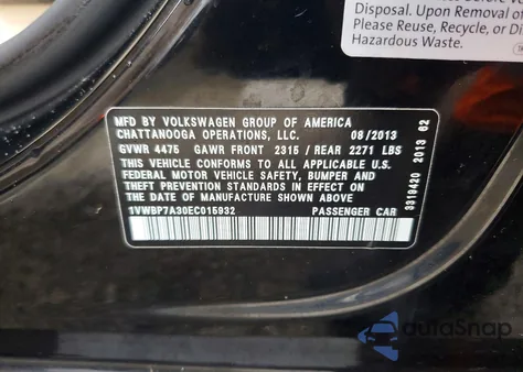 2014 Volkswagen Passat Se z USA, uszkodzony, nr VIN 1VWBP7A30EC015932